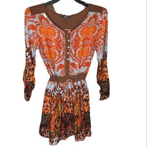 Miss Me Mini Dress Womens 8 Babydoll Multicolor Earth Paisley Floral Nostalgic